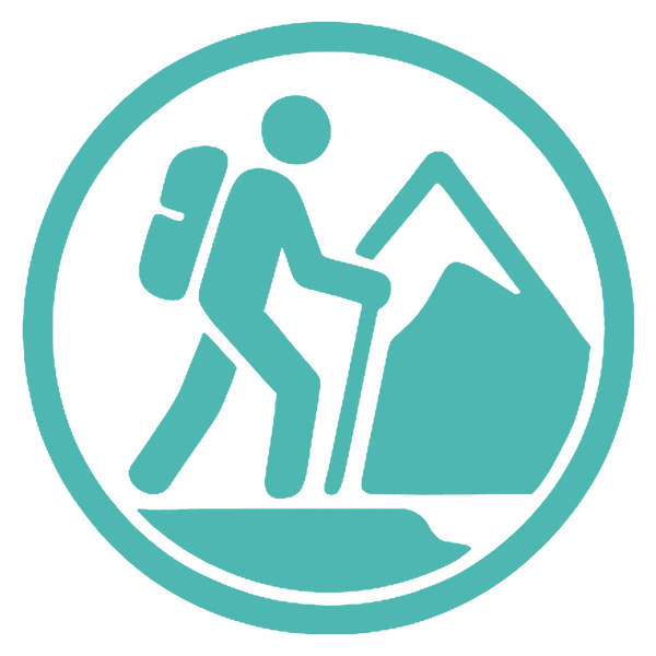 Teal icon of a person hiking with a backpack and walking stick on a white background