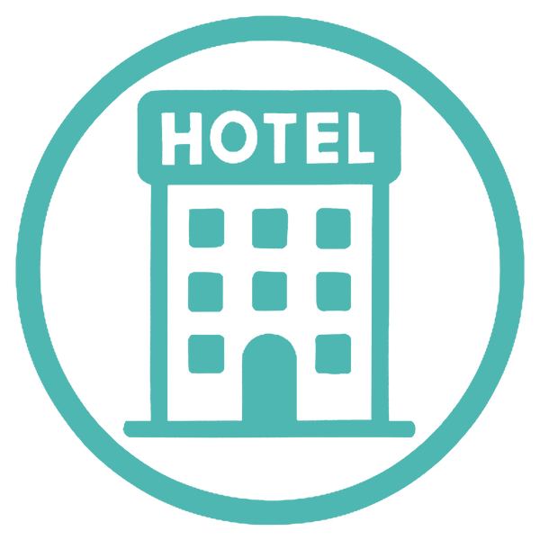 Teal icon of a hotel building with 'HOTEL' text inside a circle on a white background
