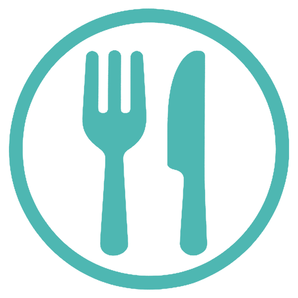 Teal icon of a fork and knife inside a circle on a white background
