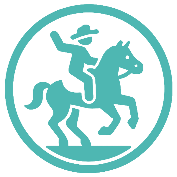 Teal icon of a person riding a horse within a circle on a white background